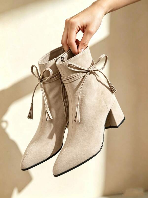 Women's Autumn/Winter Basic Solid Color Fashion Elegant Side Zipper Pointed Toe Chunky Heel High Heel Ankle Boots Faux Suede Fabric Khaki Color Women's Boots Thin Strap Bow Decor