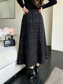 Elegant Women's Black Plaid Woven Ankle-Length Skirt With Zipper, Perfect For Fall And Winter Fashion. - Black - View 2