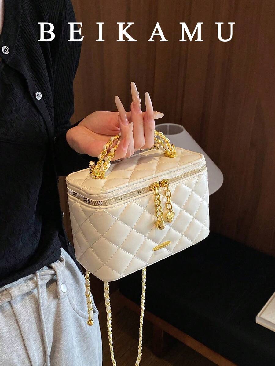 BEIKAMU 1pc Niche Design Rhombus Pattern Handheld Box Bag, New Season Lipstick Coin Purse, Elegant Chic Chain Shoulder Crossbody Bag - White - View 1