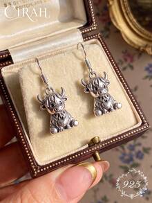 1 Pair Highland Cow Pattern Black Plated Enamel Earrings Jewelry Women Anniversary Birthday Gift - Antique Silver - View 4