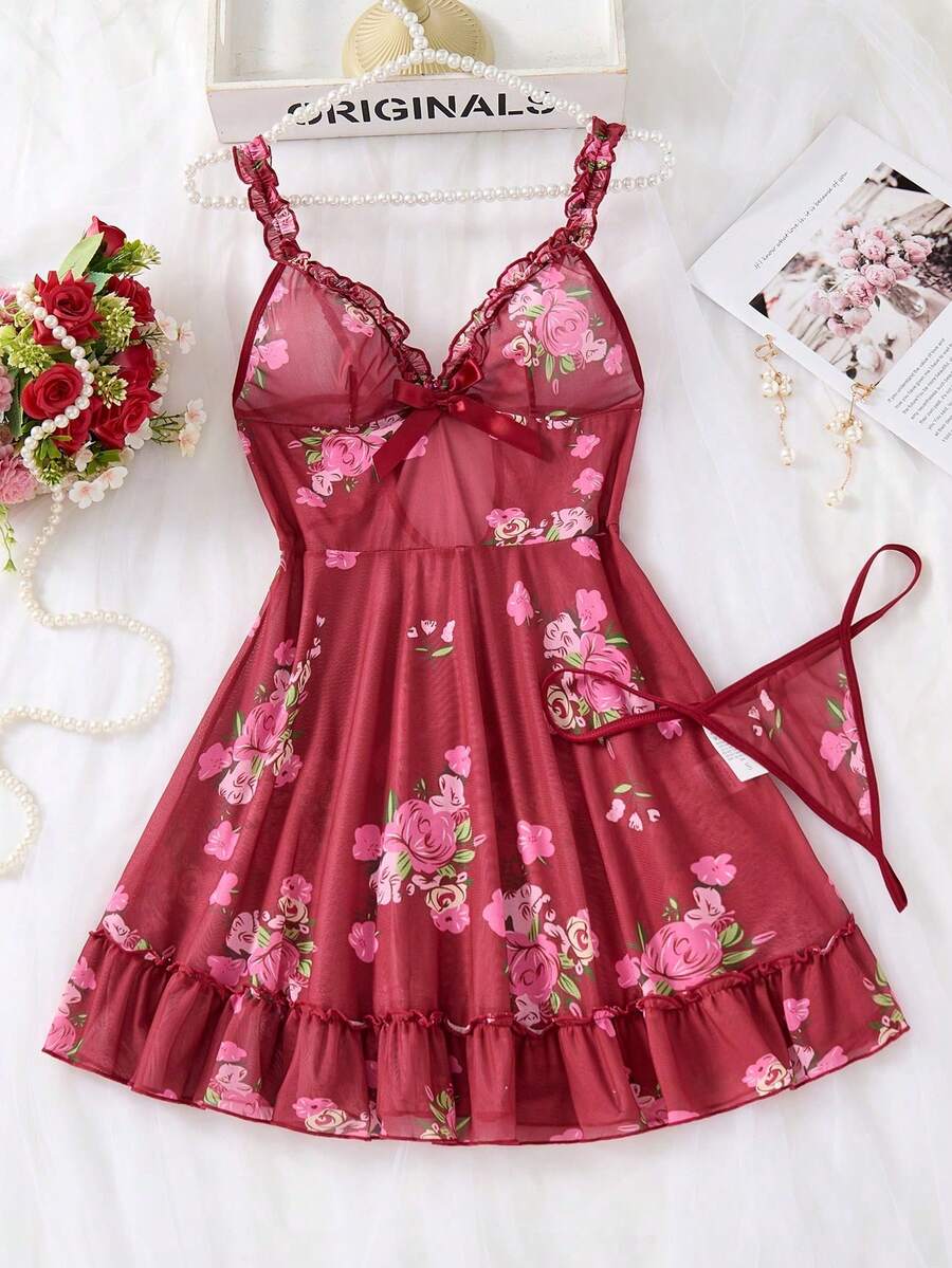 2pcs Sexy Lingerie Sleepwear Set, Includes Matching Thong, Exquisite Ruffle Hem, Vibrant Floral Pattern - Burgundy - View 1