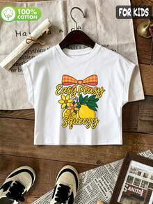 Tween Girls'  Cotton Cropped Cuffed Sleeve Tee, Graphic Print,  Cute Sweet Preppy Girl Style - White - View 1