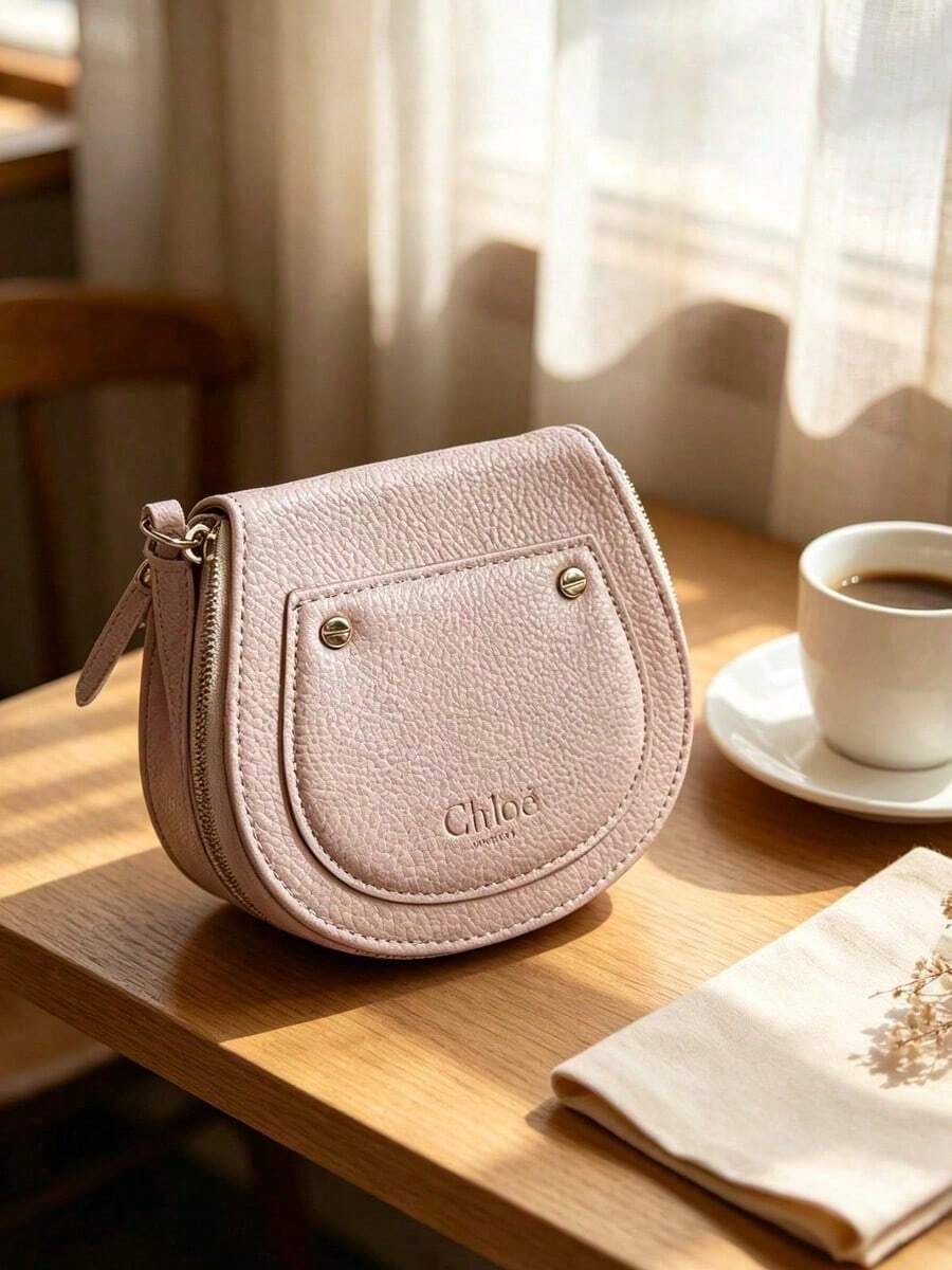 Chloé Bolso de mano de cuero rosa nude suave con forma curva, tirador de cremallera de cuero, cremallera de metal lisa, adecuado para ir a la oficina y tomar el té de la tarde, regalo del Día de la Madre y aniversario CHLOE-GIFT-28 - Rosa Pálido - Ver 1