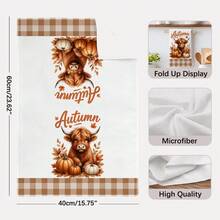 2PCS Kitchen Towels Plaid Watercolor Autumn Highland Cow Pumpkin Pattern Printed 40*60cm Country Style Rectangular Microfiber Kitchen Towels, Dish Cloths, Tablecloths, Hand Towels, Thanksgiving Kitchen Decor, Home Decor, Housewarming Gift For Neighbors, Perfect For Kitchen And Bathroom Use, Suitable For Housewives And Family Gatherings, Essential Home Item - Khaki - View 3