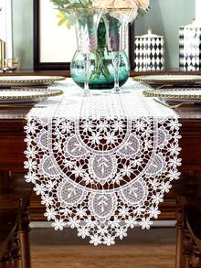 1pc Peacock Feather Shaped Table Runner, Modern Minimalist White Polyester Thread Oval Fully Water-Soluble 3D Hollow Lace Trim Table Runner, Suitable For Daily Use, Wedding, Living Room, Dining Room, Coffee Table, Dining Table, Furniture, Etc. - White - View 3