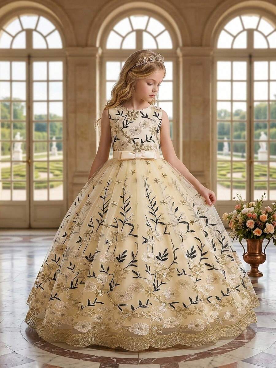 Tween Girls Embroidered Mesh Long Glamorous Dress Suitable For School Prom And Evening Party, Headband Not Included - Champagne - View 1
