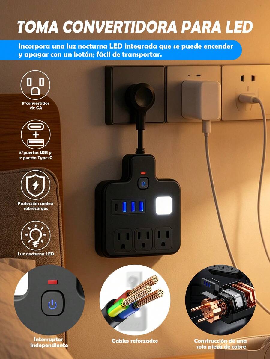 3-Outlet Power Strip With 3 USB Ports, Multifunction Power Strip, Surge Protector, 2500W Overload Protection, Suitable For Bedroom, Kitchen, Living Room, Office. - Black - View 1
