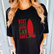 Casual Graphic, Women's T-Shirt, Best Escape Anyone Can Have Surfboard Design, Summer Beach Vacation, Gift For Surfing Enthusiasts - Black - View 2