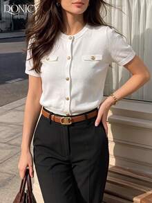 DONICY Women's White Crew Neck Gold Button Tweed-Style Short Sleeve Knit Sweater Cardigan, Elegant Outfit For Spring Summer Casual Tops - White - View 7