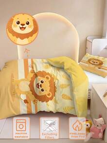 2PCS Yellow Stripe Cute Lion Kids Bedding Set (Spring/Summer Series) Double Sided Printed Duvet Cover Set Suitable For Children,Teenager,Boys And Girls All Seasons Use With Zipper Closure( No Filler) Pillowcase Size 40x60cm 100% Polyester - Multicolor - View 7