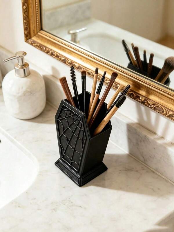 1PC Halloween Spider Web Storage Rack, Multi-Functional Makeup Brush Holder, Freestanding Desktop Organizer, Coffin-Shaped Desktop Makeup Brush Holder, Suitable For Vanity Or Office Decor, Halloween And Christmas Gift
