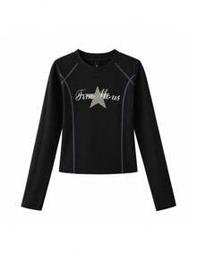 Street Style Spicy Girl Slim Fit Square Shoulder Long Sleeve T-Shirt For Women, 2026 New Autumn Design Niche Slimming Short Y2K Top - Black - View 5