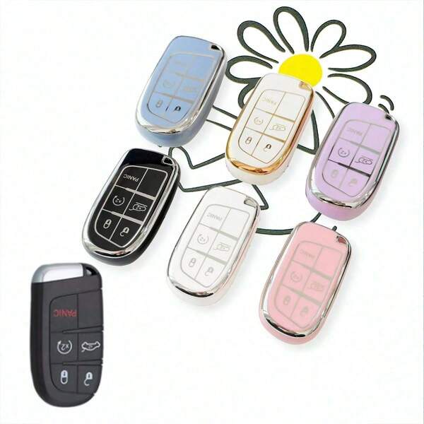 Funda de llave de coche de TPU (Rosa/Plata/Morado/Oro Blanco/Azul/Plata Negro), compatible con Renegade, Fiat Compass, Grand Cherokee, Chrysler 300C, Dodge Ram, Charger, Challenger