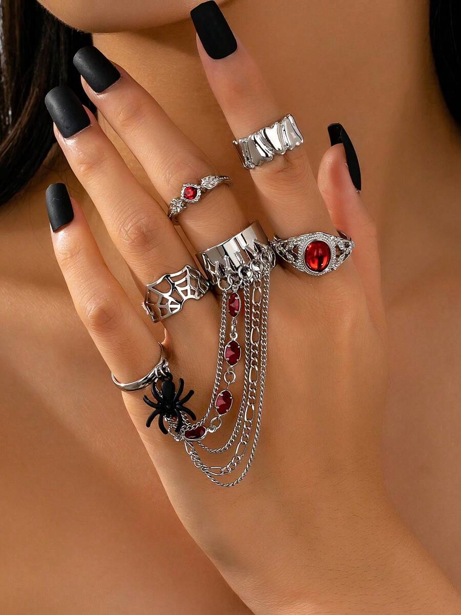 5 Pcs Punk Style Stacked Gothic Rings Set - Halloween Spider Ring - Women Vampire Rings Jewelry Suitable For Costume Party - Multicolor - View 1