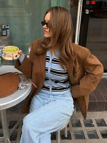 Fall/Winter Vintage Lapel Knit Cardigan Women Business Color Block Striped Minimalist Elegant Sweater - Blue - View 5