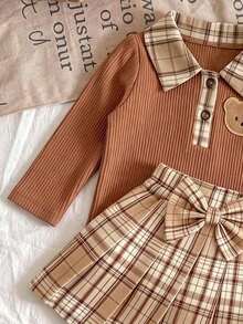 Baby Girl Brown 2 Pieces Set, Autumn/Winter Lapel Button-Down Base Layer Top + Plaid Pleated Mini Skirt, Teddy Bear Embroidered Ribbed Fabric Top, Brown Bow Skirt, Daily Wear - Brown - View 6