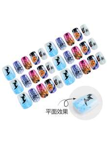 30片短方型穿戴式假指甲，漸層色蝙蝠、蜘蛛網、南瓜與幽靈印花，可重複使用套組附果凍膠貼片與指甲锉，萬聖節設計，適合日常、節日、派對與舞會使用 - 彩色 - 查看 2