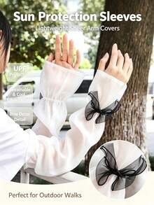 2pcs/1pc Pearl Glossy Ice Silk Sun Protection Arm Sleeves, Lightweight & Breathable, 3D Bow Flare Cuff Design, Suitable For Commuting, Travel, Driving - Multiple Styles - View 3