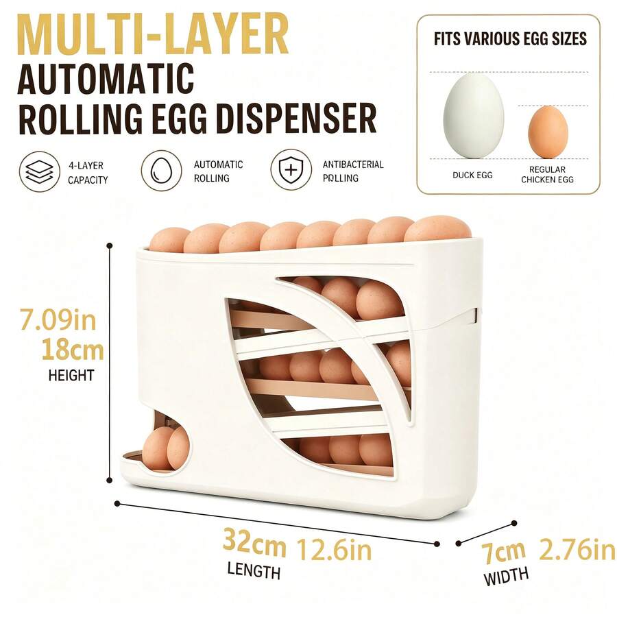 4-Tier Automatic Rolling Egg Dispenser, 28 Eggs Capacity Fridge Egg Holder, Space Saving Plastic Egg Storage Rack For Kitchen Counter Cabinet - View 1