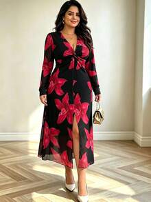 Chic Plus Size Women's Long Sleeve Fall Floral Print Dress With Deep V Neck And Slit For An Elegant Look - Black and Red - View 5