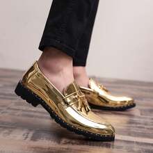 Men's Shiny Metallic Tassel Loafers Slip-On Brogue Carved Rivet Thick Sole Party Stage Formal Leather Shoes - Gold - View 5