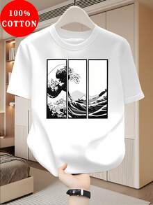 Men'S Streetwear Great Wave Art T-Shirt White Japanese Ukiyo-E Print Soft Comfortable Casual Daily Wear Graphic Tee - White - View 1