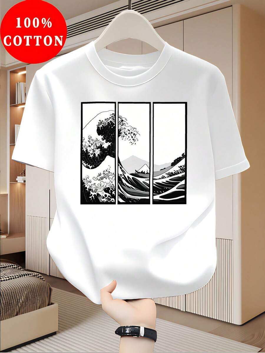 Men'S Streetwear Great Wave Art T-Shirt White Japanese Ukiyo-E Print Soft Comfortable Casual Daily Wear Graphic Tee - White - View 1