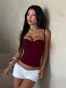 Elegant Basic Burgundy Spaghetti Strap Top, Summer Slim Fit Women's Top, Spaghetti Strap Top, Suitable For Vacation, Daily Dating, Outing Top Styling - Burgundy - View 5