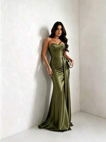 Satin Dress For Parties And Special Occasions, Strapless, Elegant - Olive Green - View 6