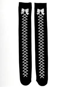 1 Pair Halloween Gothic Lolita Style Over-The-Knee Socks, Faux Lace-Up Bow Print, Suitable For Cosplay - Black - View 6