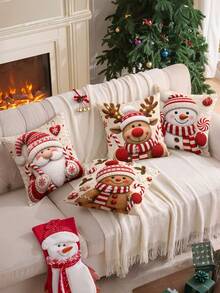 4Pcs Christmas Themed Throw Pillow Covers 45x45cm Christmas Theme Patterns Of Santa Claus, Gingerbread Man, Snowman, Red-Nosed Reindeer Ideal For Christmas Home Sofa Living Room Decor(Pillow Inserts Not Included) - Multicolor - View 5