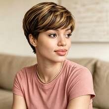 Premium Human Hair Short Pixie Cut Wig For Women, Layered Short Pixie With Bangs, No Lace No Glue Fully Machine Woven, Soft Rose Mesh Cap, Suitable For Daily Summer New Style Fashion 4/27 Highlighted Human Hair Wig - Multicolor - View 5