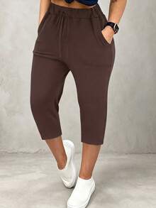 HUTENER Solid Color Plus Size Women's Waist Tie Pocket Casual Capris - Coffee Brown - View 1
