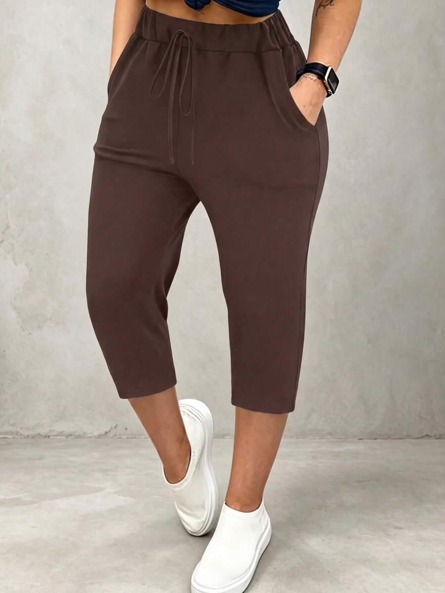 HUTENER Solid Color Plus Size Women's Waist Tie Pocket Casual Capris - Coffee Brown - View 1