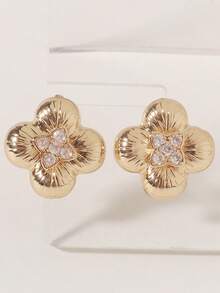 1 Pair Vintage Four-Leaf Clover Zirconia Stud Earrings, Gold Brushed Texture Flower Earrings, French Luxury Elegant Earrings, Vintage Brushed Texture Zirconia Earrings, Commute/Date/Daily Versatile Accessories - Gold - View 6