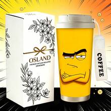 1/5 pièces Gobelet à café en acier inoxydable 18oz, Tasse de voyage avec impression de visage de mème aux bras croisés grincheux sur fond jaune, Couvercle à paille multifonction, Sangle de cou en argent COFFEE, Cadeau idéal pour les amateurs de mèmes et les amis sarcastiques, Convient pour le bureau quotidien - Mème tsundere - Voir 9