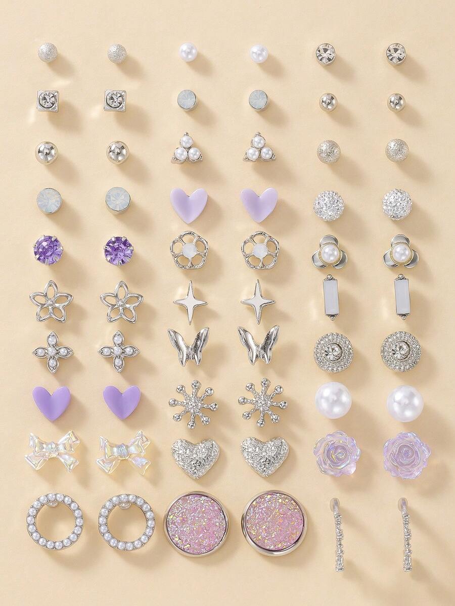 30對銀色金屬珍珠女款全水鑽心形葉片花朵珍珠字母耳釘禮品套組 - 彩色 - 查看 1