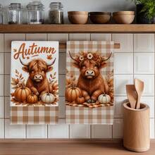 2PCS Kitchen Towels Plaid Watercolor Autumn Highland Cow Pumpkin Pattern Printed 40*60cm Country Style Rectangular Microfiber Kitchen Towels, Dish Cloths, Tablecloths, Hand Towels, Thanksgiving Kitchen Decor, Home Decor, Housewarming Gift For Neighbors, Perfect For Kitchen And Bathroom Use, Suitable For Housewives And Family Gatherings, Essential Home Item - Khaki - View 9