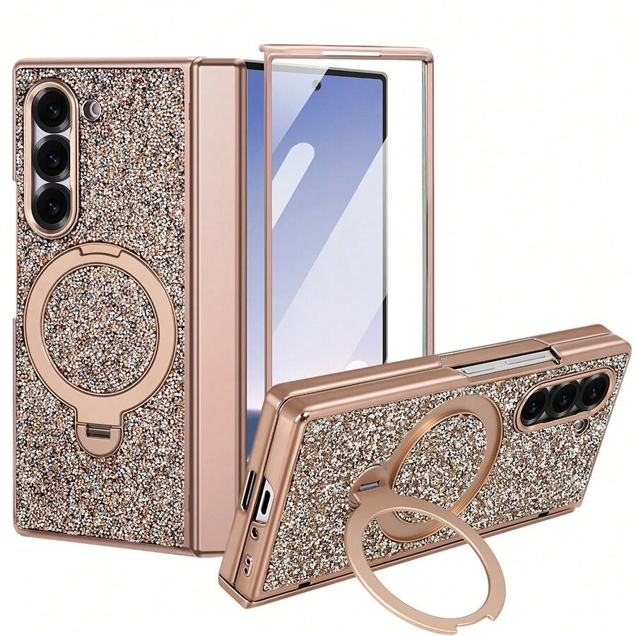 VIETAO 時尚高品質亮面電鍍隱藏式圓形支架 Galaxy Z Fold 7 6 折疊手機殼 全機身保護套 含鋼化玻璃螢幕保護貼 - 香檳金 - 查看 1