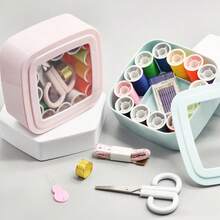 All-In-One Square Sewing Kit Portable Clear Transparent Lid Storage Box Pink & Blue 2 Colors Complete Sewing Supplies With Thread Spools Scissors Tape Measure Needles Thimble For Home Travel Emergency Clothes Repair Embroidery DIY Handcraft - Square Needle and Thread Set - View 3