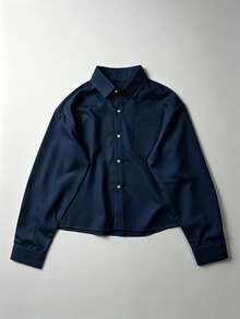 Men's Spring/Autumn Loose Short Casual Daily Office Commute Minimalist Versatile Solid Color Long Sleeve Shirt - Navy Blue - View 3