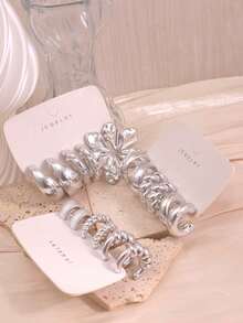 3/9 Pairs Silver Stud Earrings Set, Twisted Rope, Petal Shape, C-Hoop, Round Smooth C-Hoop Silver Earrings, Suitable For Daily Wear, Travel, Vacation Or Gift For Friends And Family - Silver - View 6