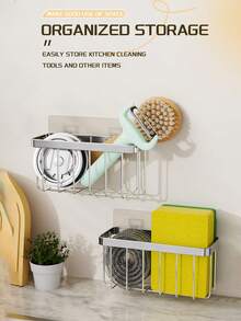 1PC No Drill Wall Hanging Sink Caddy Sponge Holder, Rustproof Stainless Steel Drain Basket, Multi-Use Wall Mount Storage Organizer For Kitchen Scrub Brush, Vegetables & Small Utensils - Multicolor - View 7