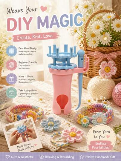 1 Set Plastic Double-Head Replaceable Knitting Tool, Macaron Color Portable DIY Knitting Kit, Can Knit Bracelets, Ropes And Flower Accessories, Y2K Sweet Cool & Pastoral Bohemian Style, Beginner Friendly, Suitable For Summer Handmade, Daily Craft Creation, Bedroom Decoration And Various Craft Projects; Suitable For Girls, Craft Enthusiasts And Knitting Beginners, Can Be Given As Birthday, Valentine's Day, Christmas And Various Holiday Gifts