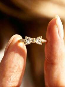 1pc Gold-Tone White Zirconia Bow-Knot Design Women's Ring Set, Elegant & Fashionable, Suitable For Stacking - Gold - View 5