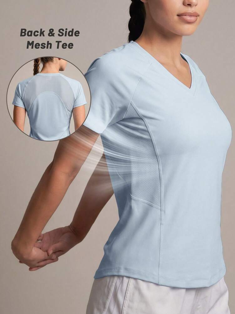 Soyun's New Women's Mesh Loose Short Sleeves, V-Neck, Mermaid Line, Outlining Curves Sports Summer - Blue - View 2