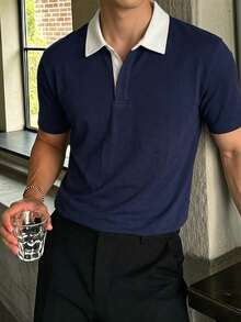 男士夏季對比領特殊款式短袖襯衫，寬鬆前開鈕扣設計，適合休閒、商務與日常穿著 - 藏蓝色 - 查看 1