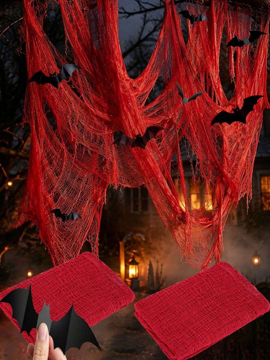 13 pièces/12 pièces Ensemble de décoration Halloween en tissu taché de sang et chauve-souris, comprend de la gaze d'horreur atmosphérique et des autocollants de chauve-souris 3D, convient pour la cour, le porche, la décoration de la maison, la fête d'Halloween, la maison hantée et le bar - Taille unique - Voir 1