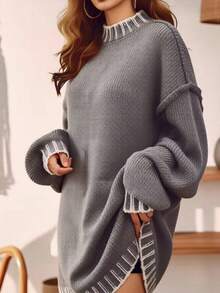 Plus Size Gray Mock Neck Sweater With White Contrast Rib Trim, Plus Size Drop Shoulder Knit Pullover For Fall Winter Layering - Grey - View 4