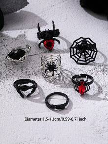 7 Pcs Vampire Gothic Style Spider Rings Set - Punk Style Black Color Spider Web Ring Halloween Costume Party Jewelry - Multicolor - View 3